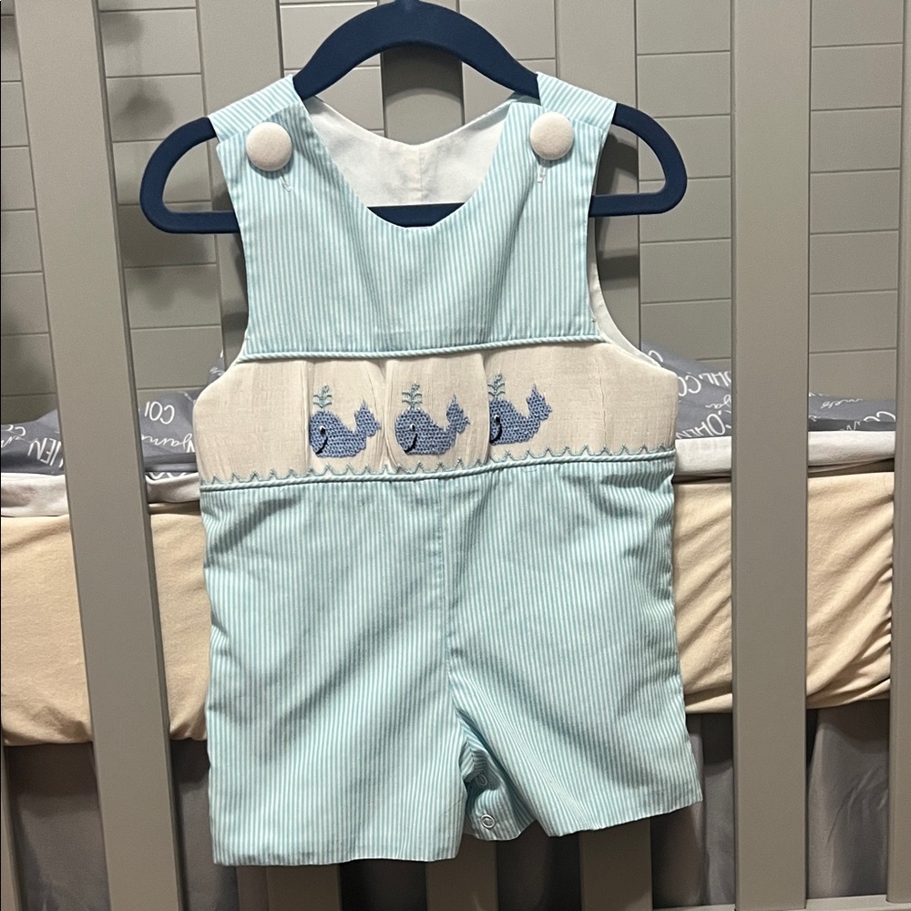 Stitchy Fish Blue Striped Kids Overalls with Whale Design